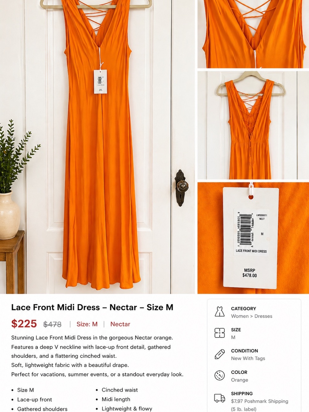 Frame Denim Lace Front Midi Dress in Nectar Orange *NWT*